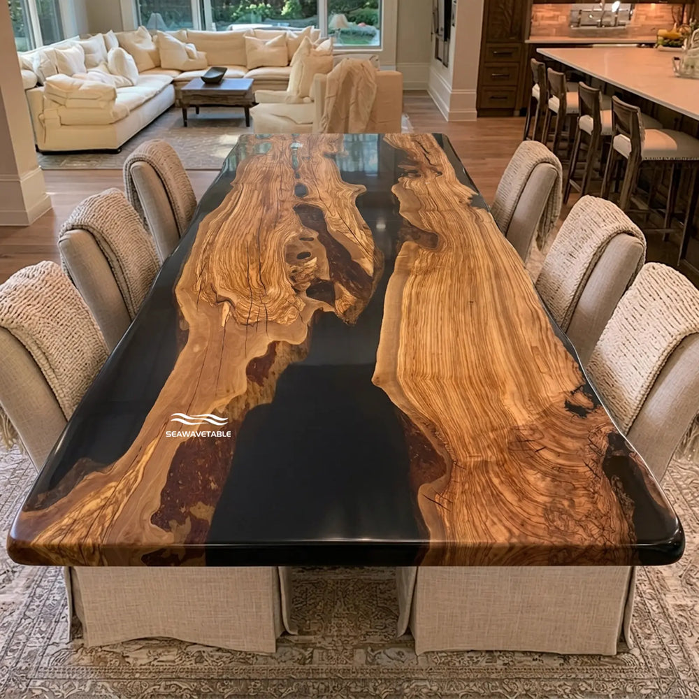Seawavetable‑solid‑olive‑slab‑epoxy‑dining‑table‑black‑resin‑river