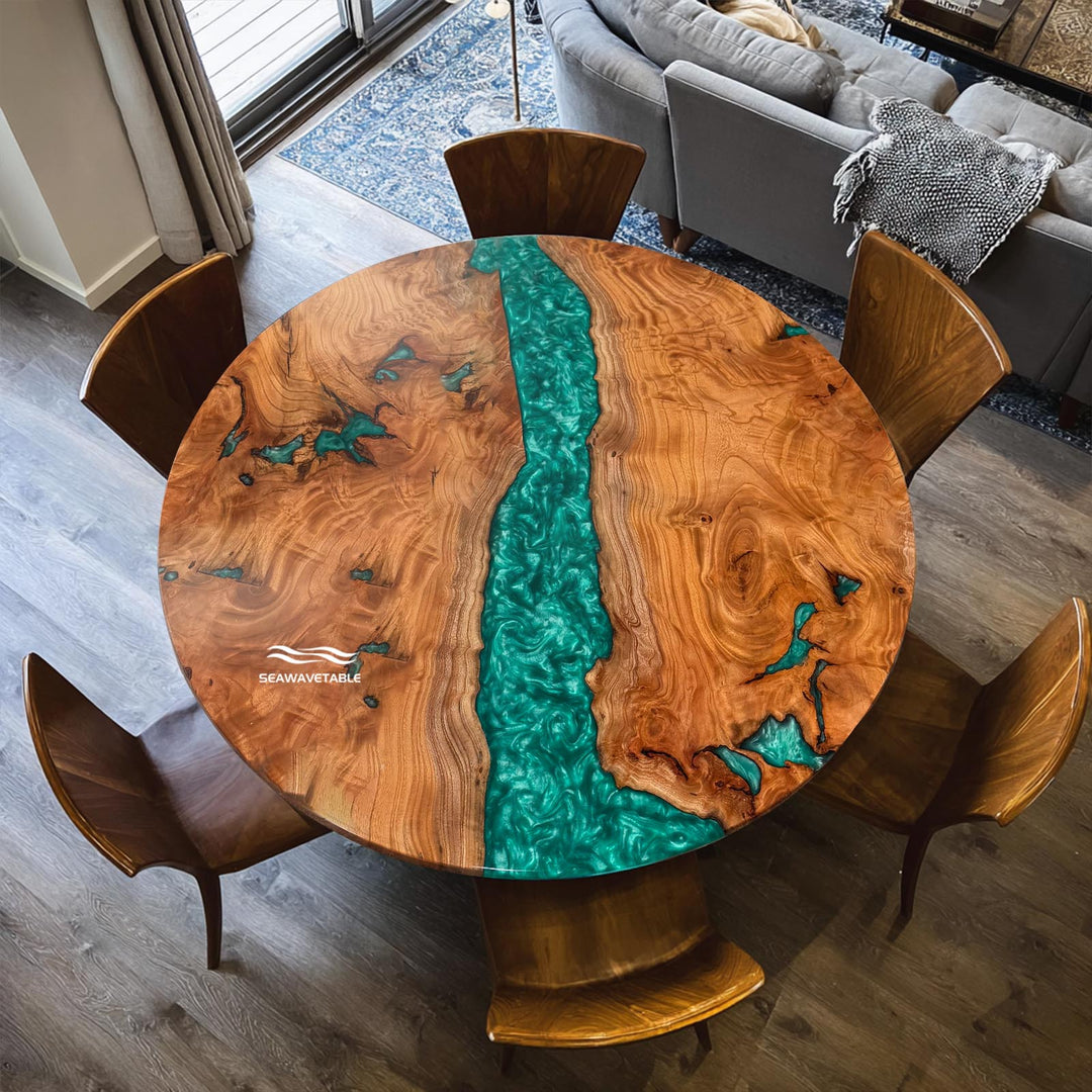 Seawavetable-Solid Beech Wood Round Table with Jade Oasis Resin River and Natural Insect Holes