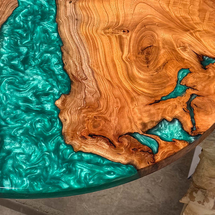 Seawavetable-Jade Oasis Epoxy River Round Table with Handcrafted Beech Wood – Ohio Design