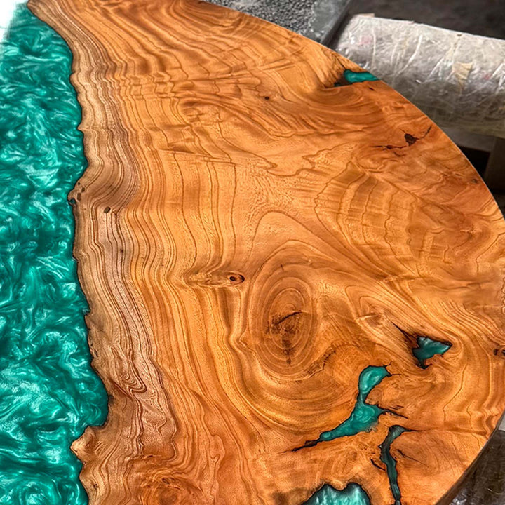 Seawavetable-Ohio Artisan Beech Wood Round Table with Jade Oasis Resin and Natural Wormholes