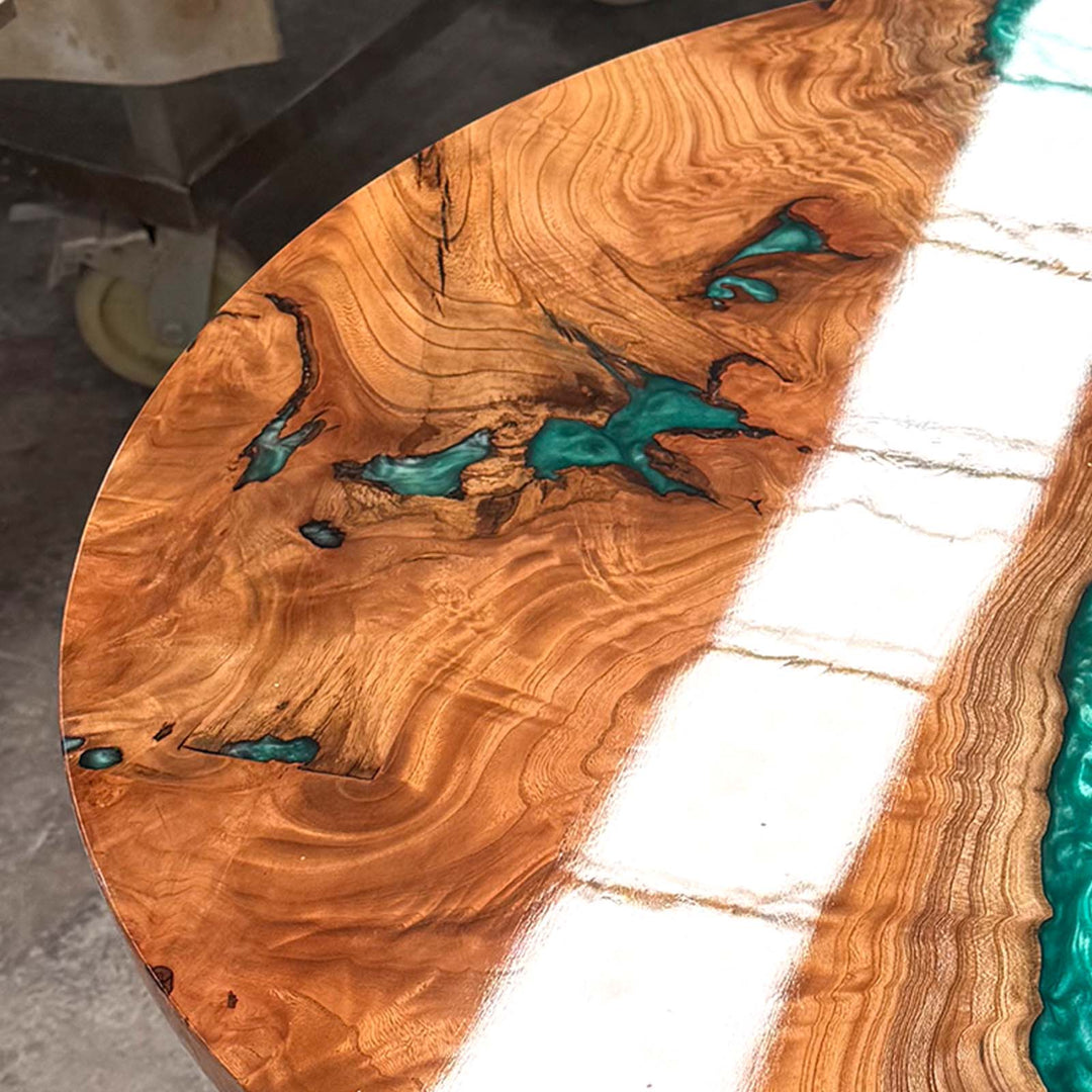 Seawavetable-Handcrafted Jade Oasis Resin Round Table with Solid Beech Wood – Made in Ohio