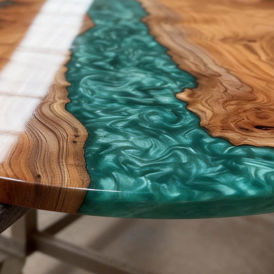 Seawavetable-Jade Oasis Resin Round Table with Beech Wood Center and Natural Organic Voids