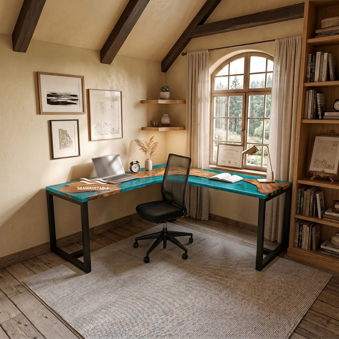Seawavetable-In-stock epoxy river desk matte wood high-gloss resin L-shaped walnut workstation