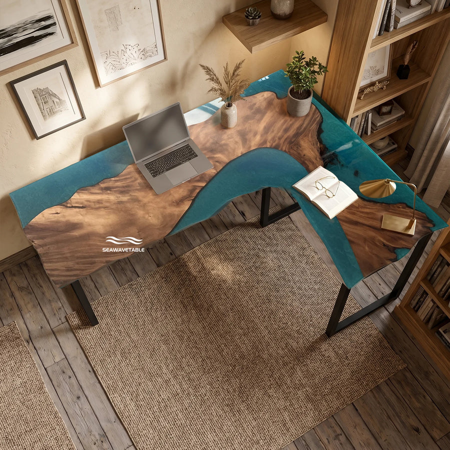 Seawavetable-L-shaped walnut burl epoxy desk outer straight edge inner live edge resin river