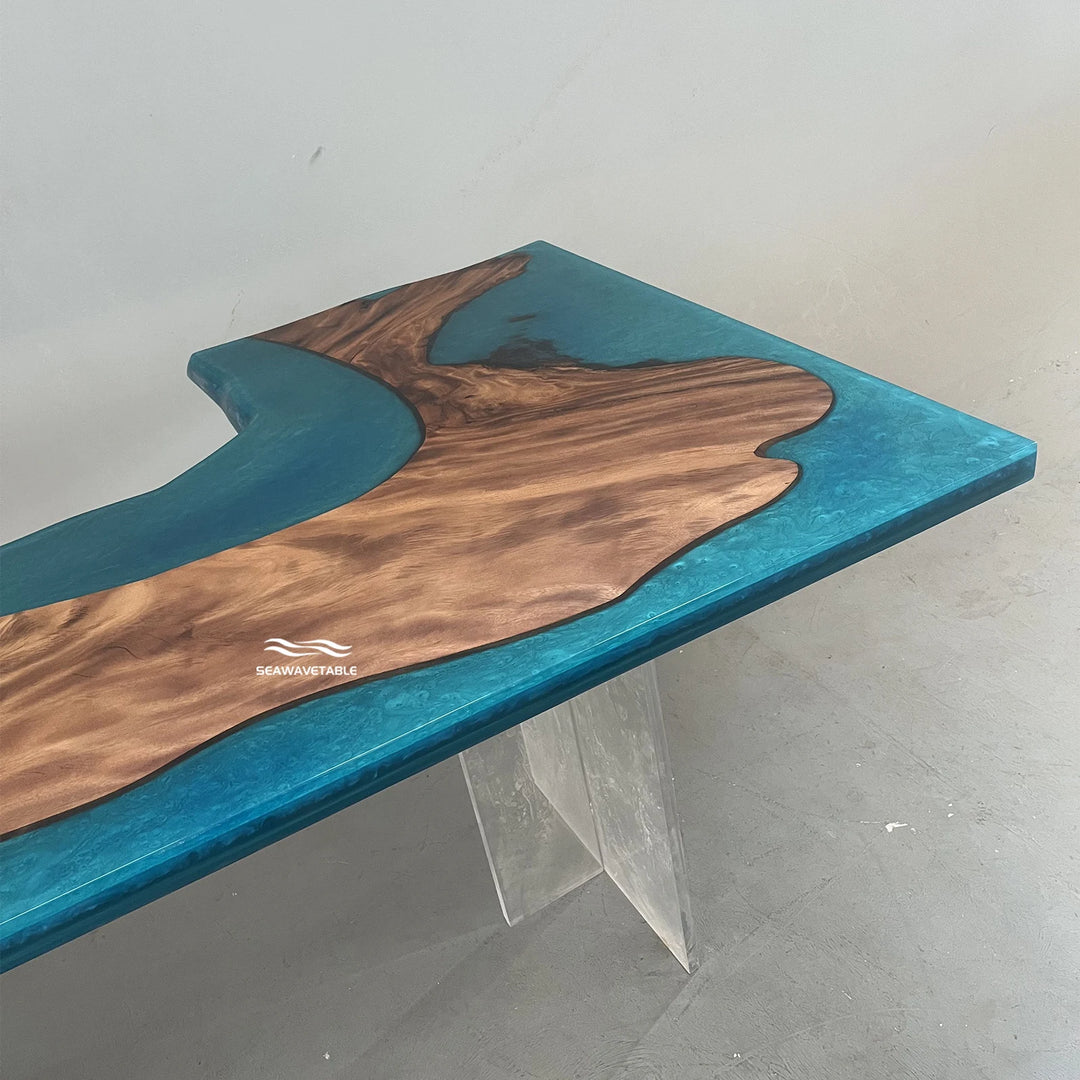 Seawavetable-Ready-to-ship epoxy desk natural resin river unique walnut burl grain design