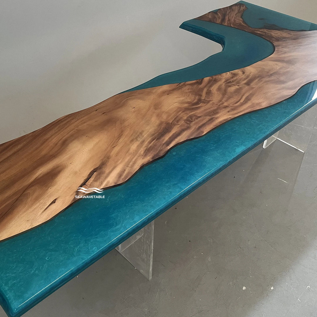 Seawavetable-Handcrafted walnut epoxy river desk dual finish L-shaped workspace centerpiece