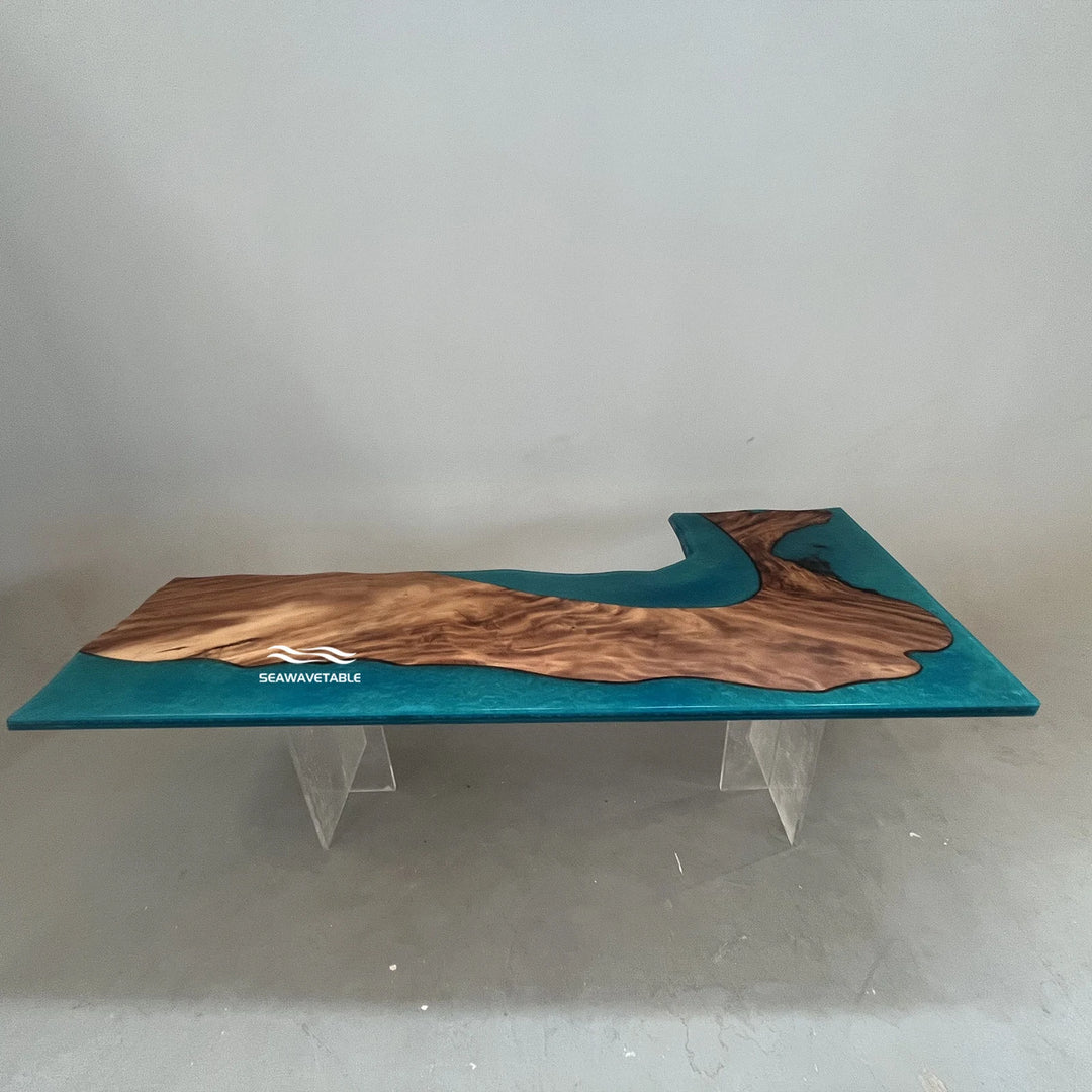 Seawavetable-Modern L-shape work desk walnut burl glossy epoxy river matte wood surface