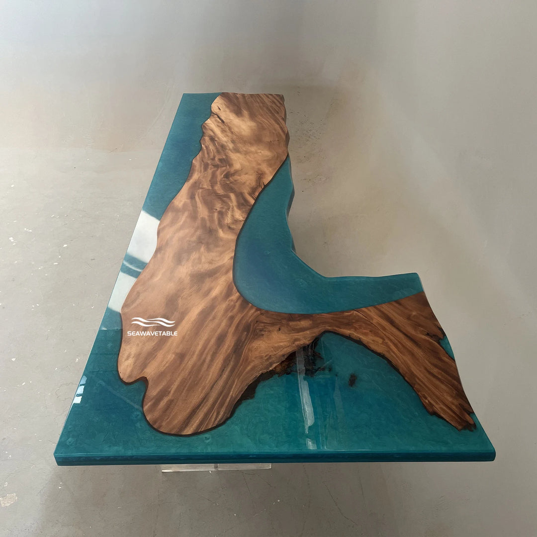Seawavetable-Premium walnut burl epoxy table ocean blue resin river hybrid edge office desk