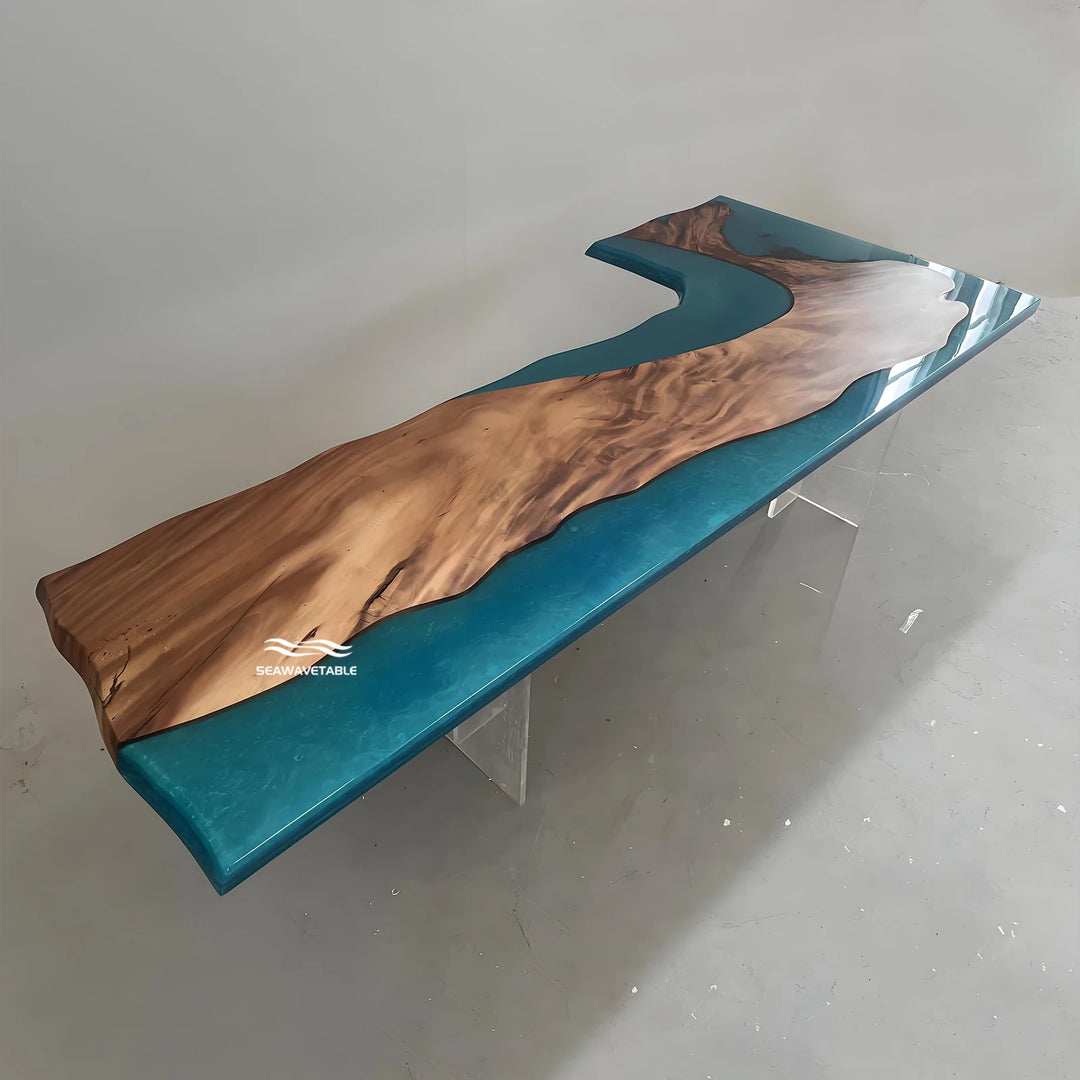 Seawavetable-Artisan walnut burl epoxy desk seamless resin river mixed edge profile