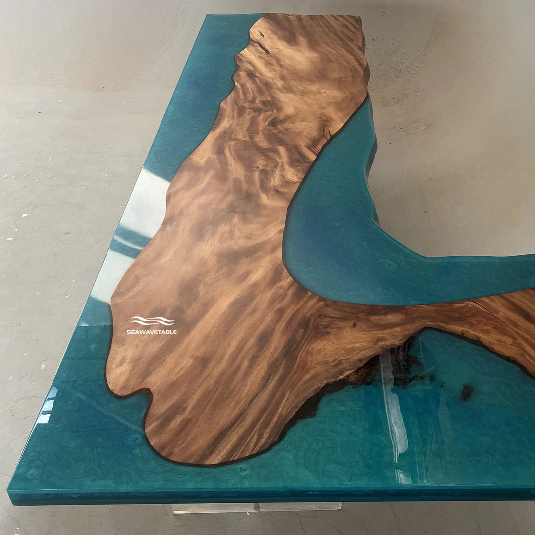 Seawavetable-Custom resin desk live inner edge straight outer edge walnut home office furniture