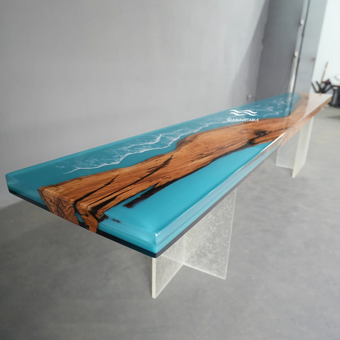 Seawavetable‑Exclusive statement epoxy table olive wood natural grain blue resin shoreline art entryway table