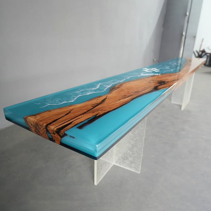 Seawavetable‑Exclusive statement epoxy table olive wood natural grain blue resin shoreline art entryway table