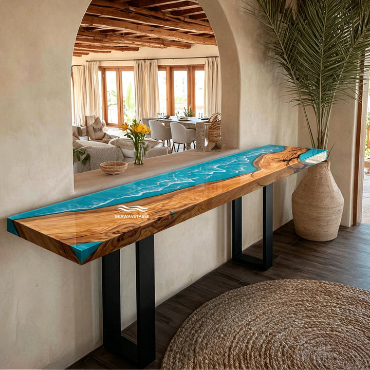Seawavetable‑Handcrafted ocean resin table solid olive wood lifelike foamy wave detailing for hallway decor