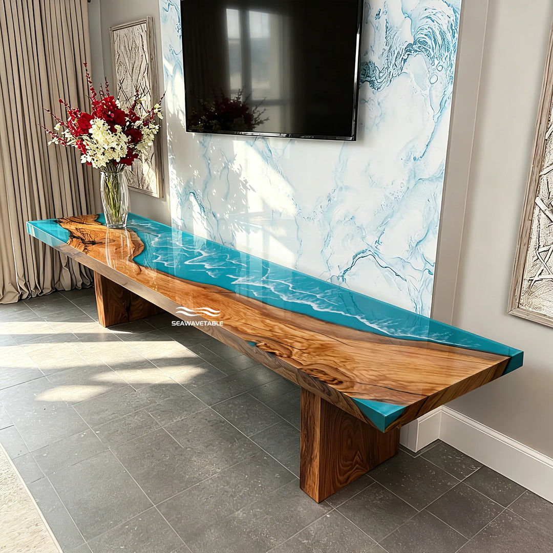 Seawavetable‑Premium custom resin console table olive wood coastal‑inspired surf‑textured epoxy accent piece