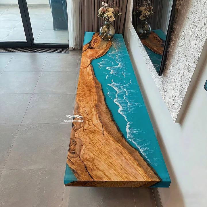 Seawavetable‑Modern epoxy river table reimagined olive wood turquoise ocean wave console table for living room