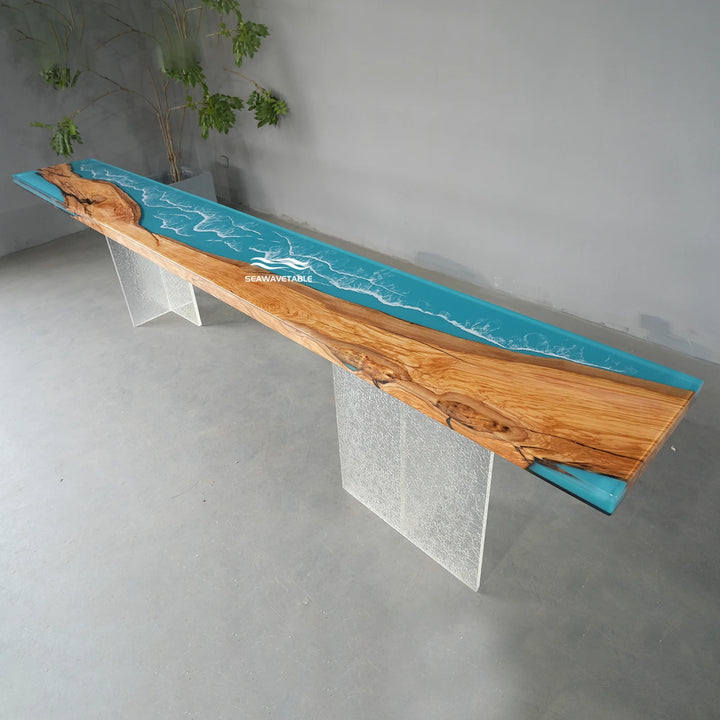 Seawavetable‑Artisan‑made olive wood epoxy console table translucent ocean resin with realistic white wave foam
