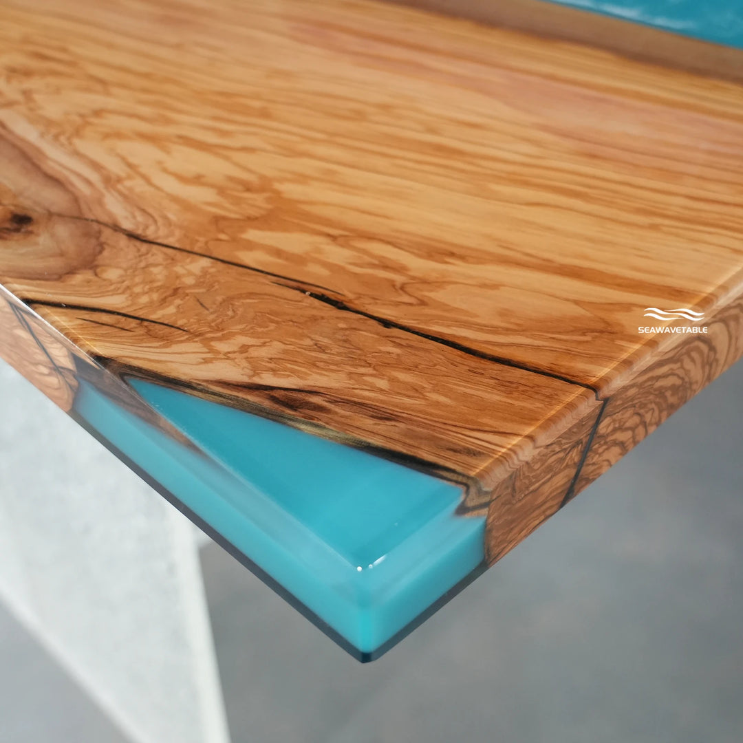 Seawavetable‑Natural coastal epoxy console table olive wood deep blue resin fluid wave texture accent table