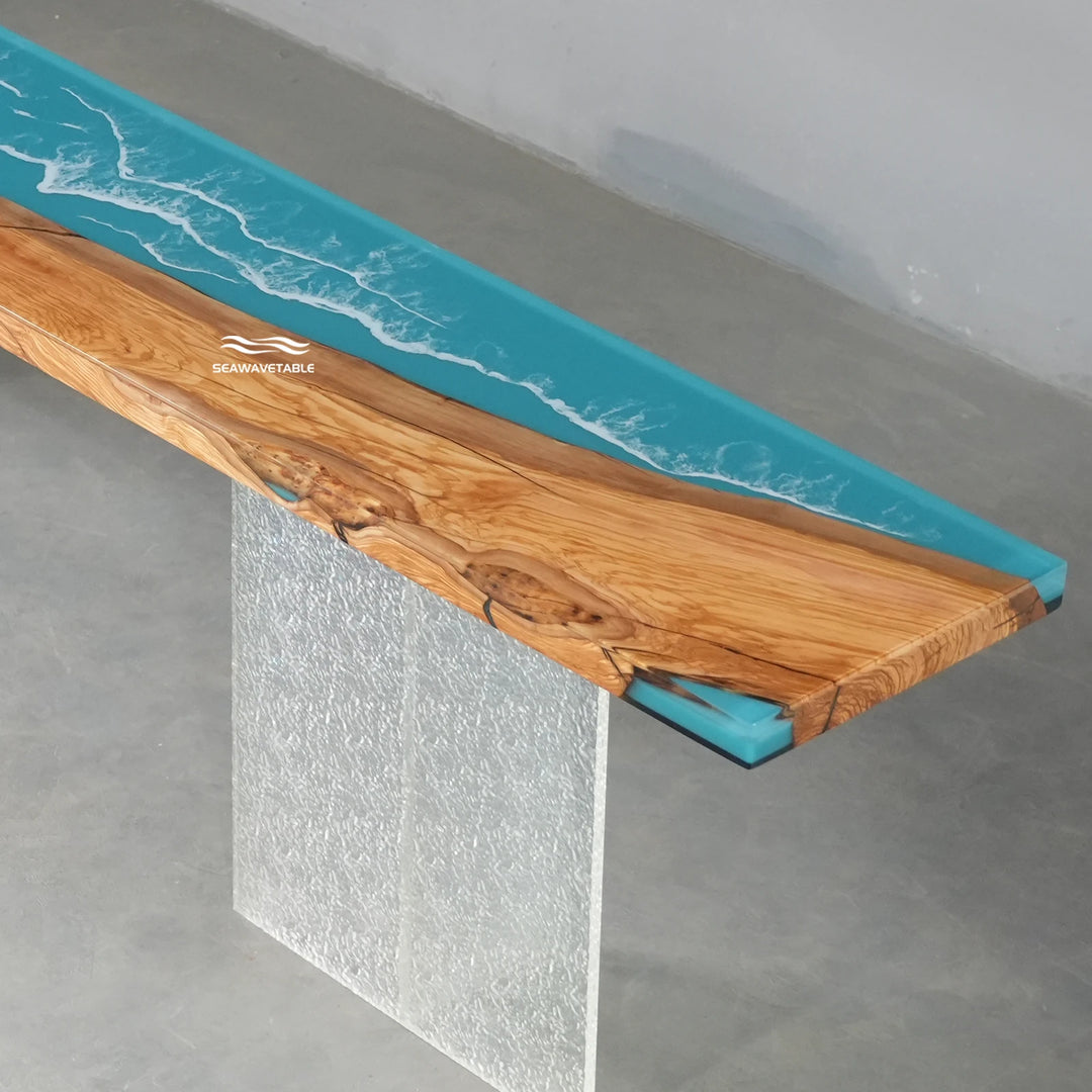 Seawavetable‑Vacation home ocean resin table olive wood handcrafted turquoise surf epoxy console desk