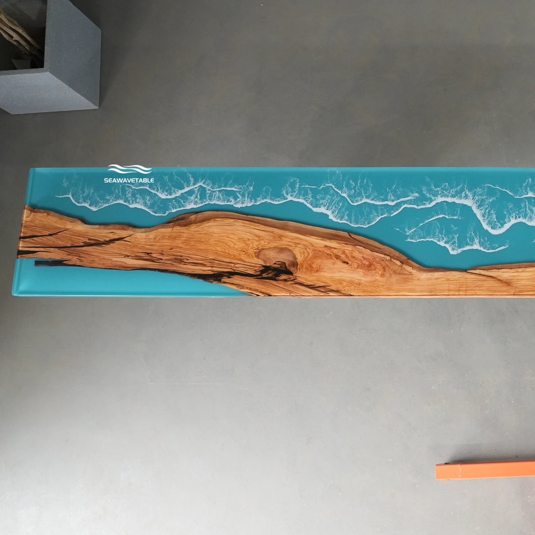 Seawavetable‑Coastal‑themed resin console table olive wood flowing grain high‑gloss finish vacation home decor