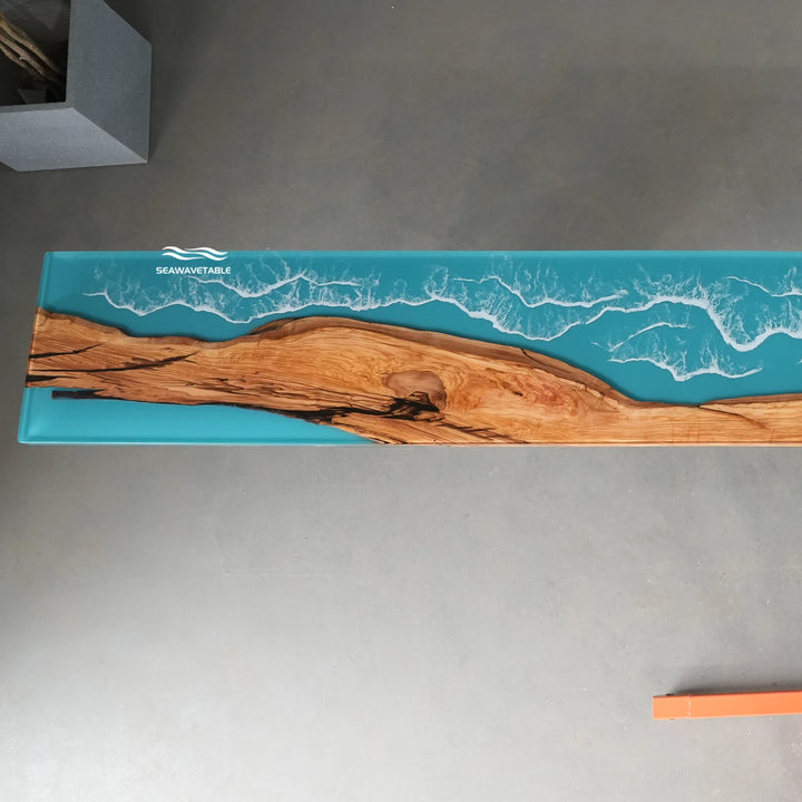 Seawavetable‑Coastal‑themed resin console table olive wood flowing grain high‑gloss finish vacation home decor
