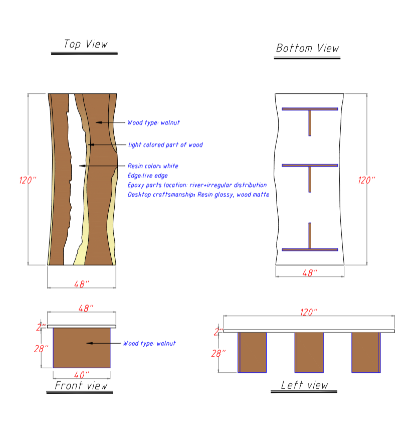 Seawavetable-Modern custom resin dining table solid live edge walnut glossy white epoxy matte wood 48×120 inch