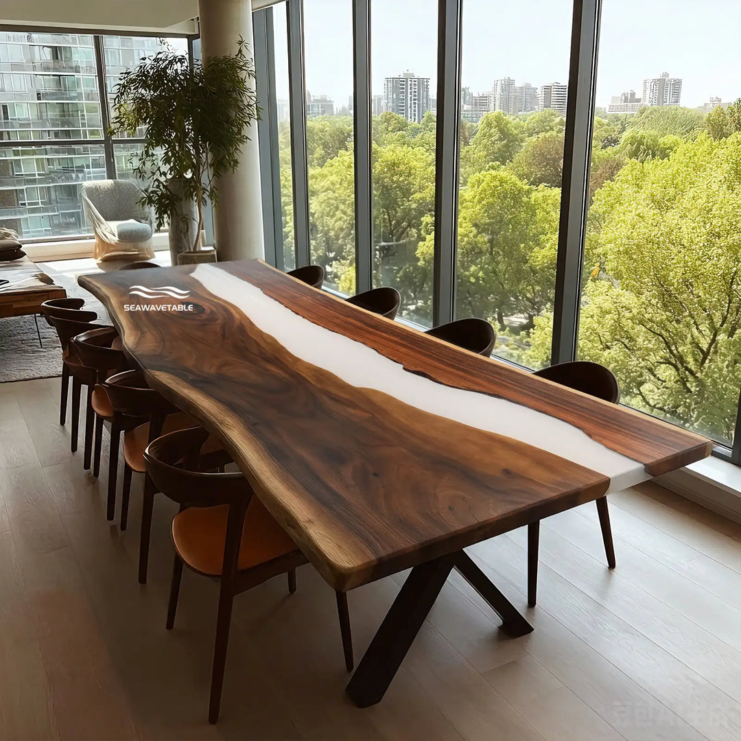 Seawavetable-Oversized live edge walnut epoxy table 48 by 120 inch glacier white epoxy river raw live edge perimeter