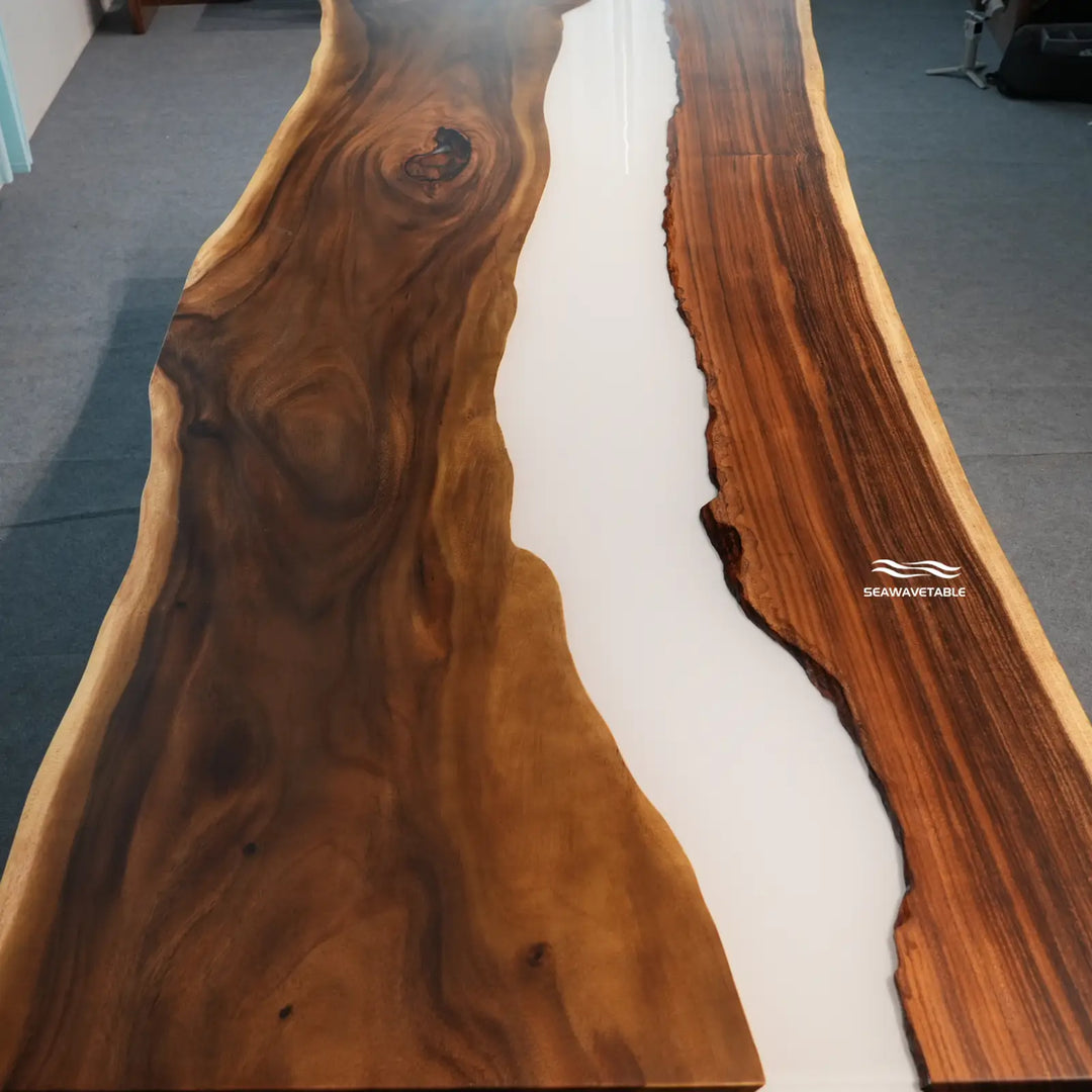 Seawavetable-Luxury rectangular epoxy dining table 48x120 live edge walnut matte wood bright white glossy resin river