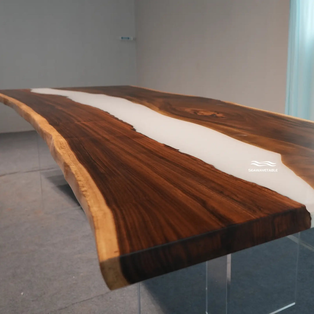 Seawavetable-Heavy-duty live edge walnut epoxy river table dual matte glossy finish fixed dimension 48×120 inches