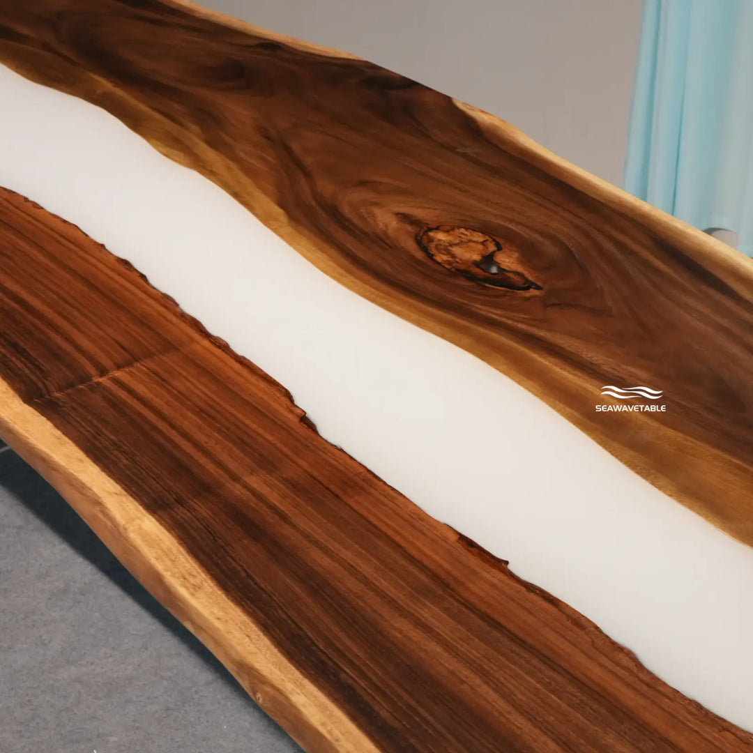 Seawavetable-Inventory epoxy dining table 48"W×120"L organic live edge walnut solid white glossy epoxy river design