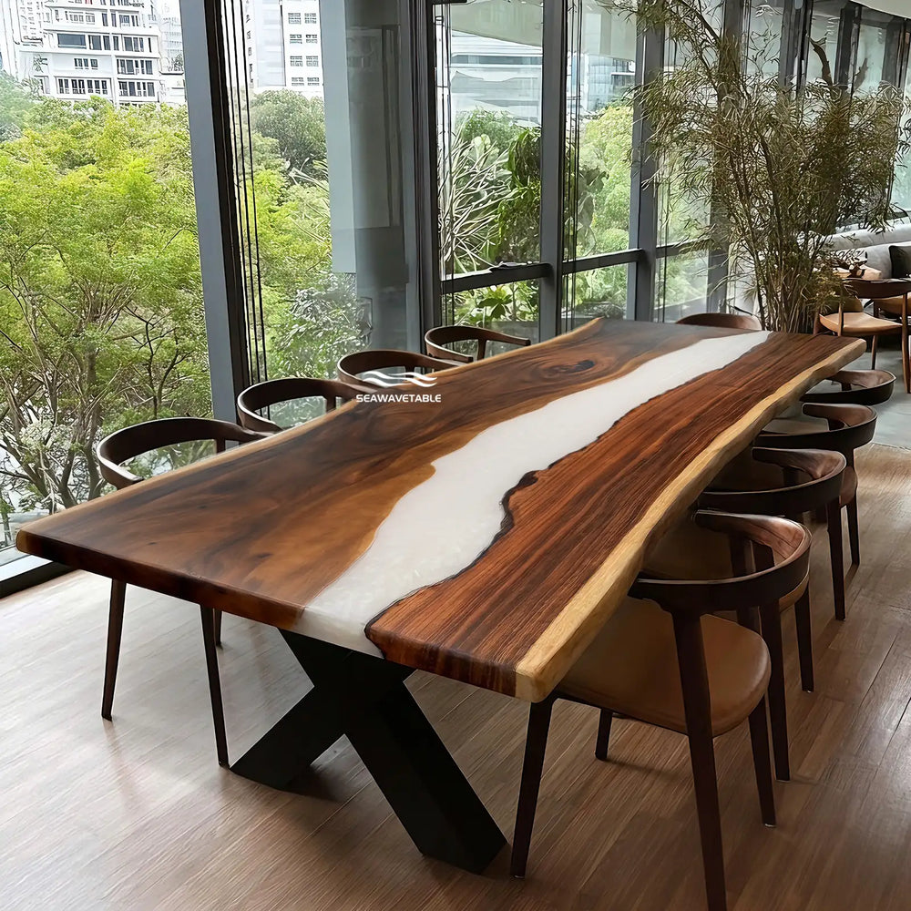 Seawavetable-In stock 48"W×120"L natural live edge walnut epoxy river table solid white glossy resin matte timber surface
