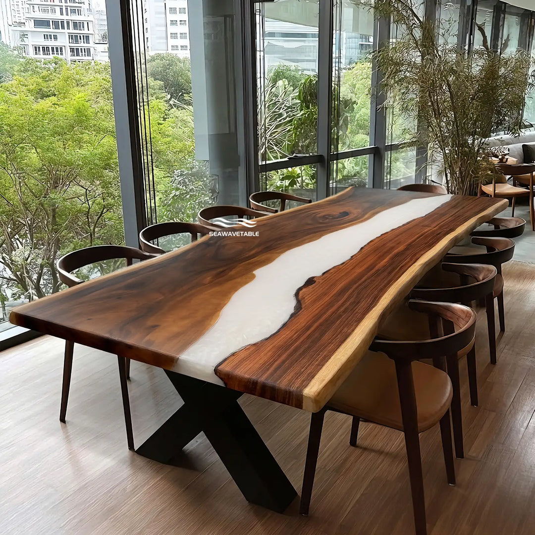 Seawavetable-In stock 48"W×120"L natural live edge walnut epoxy river table solid white glossy resin matte timber surface