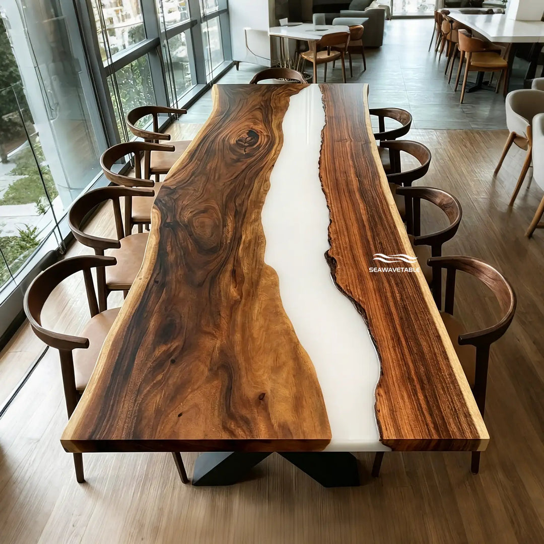 Seawavetable-48×120 inch live edge walnut epoxy dining table white high gloss epoxy river matte wood finish in stock