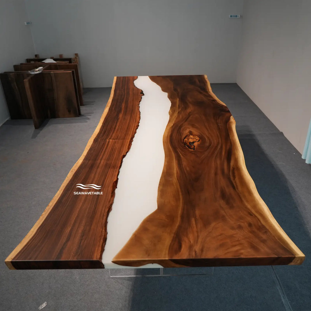 Seawavetable-Dual finish epoxy dining table live edge walnut matte wood glossy white resin ready to ship epoxy river table