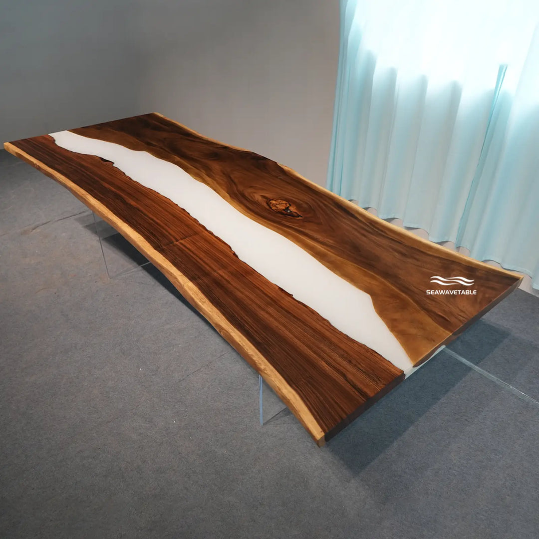 Seawavetable-Ready-to-deliver walnut live edge epoxy table 48×120in solid white epoxy river mixed matte gloss surface finish