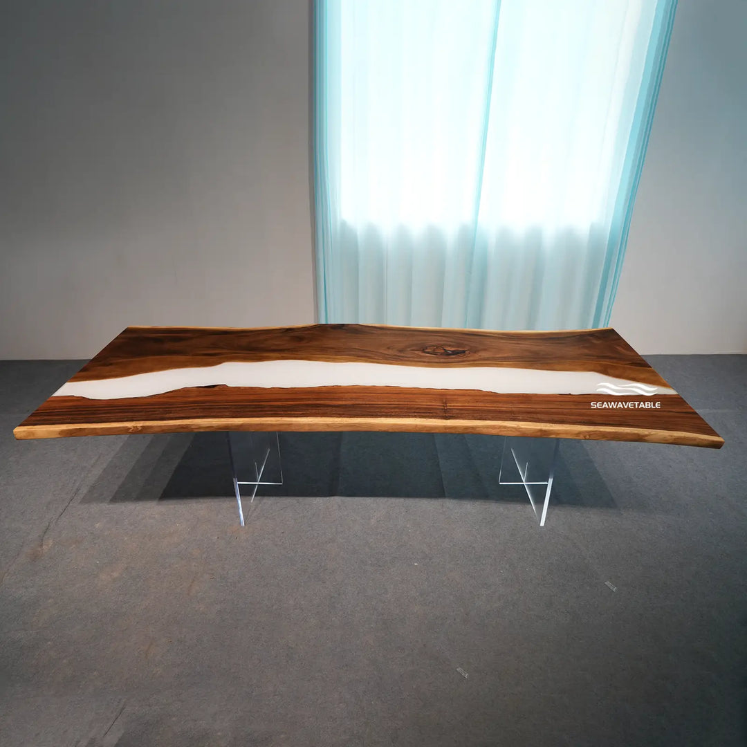 Seawavetable-Natural live edge walnut statement epoxy table 48x120 inch milky white glossy resin river dining furniture