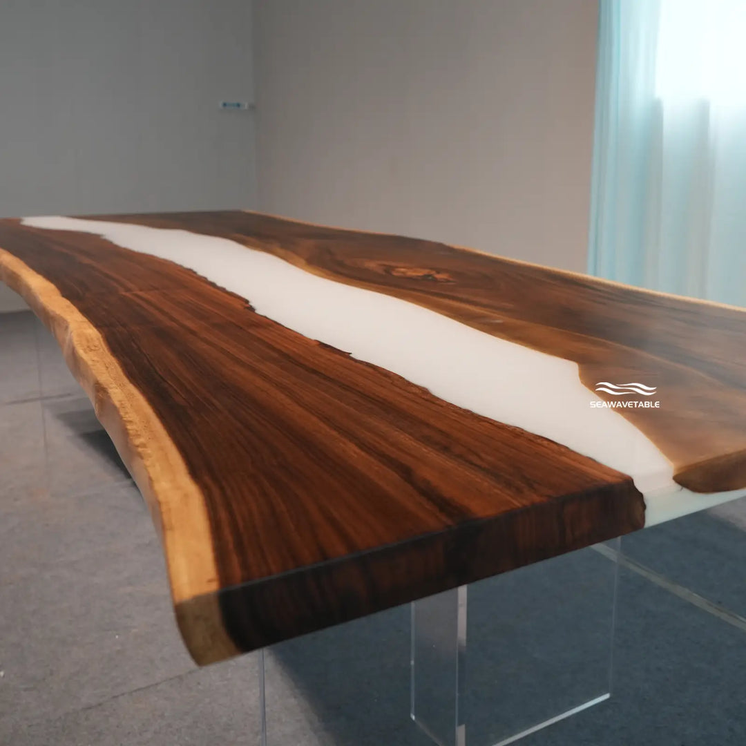 Seawavetable-Minimalist glacier epoxy river dining table fixed 48*120 size walnut matte top glossy white epoxy in stock