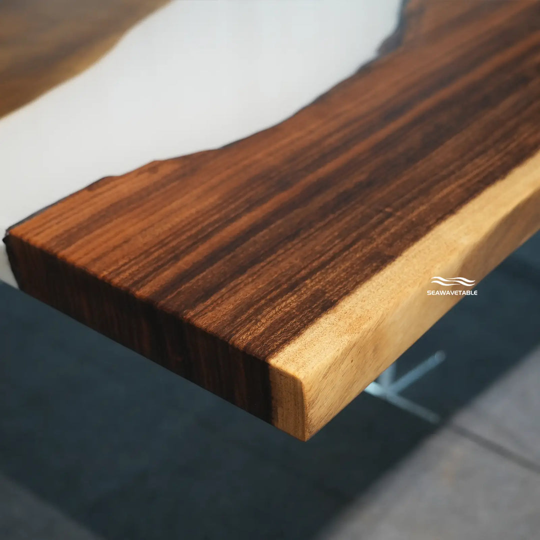 Seawavetable-Handcrafted live edge walnut resin dining table solid white high gloss epoxy 48×120 inch inventory epoxy table