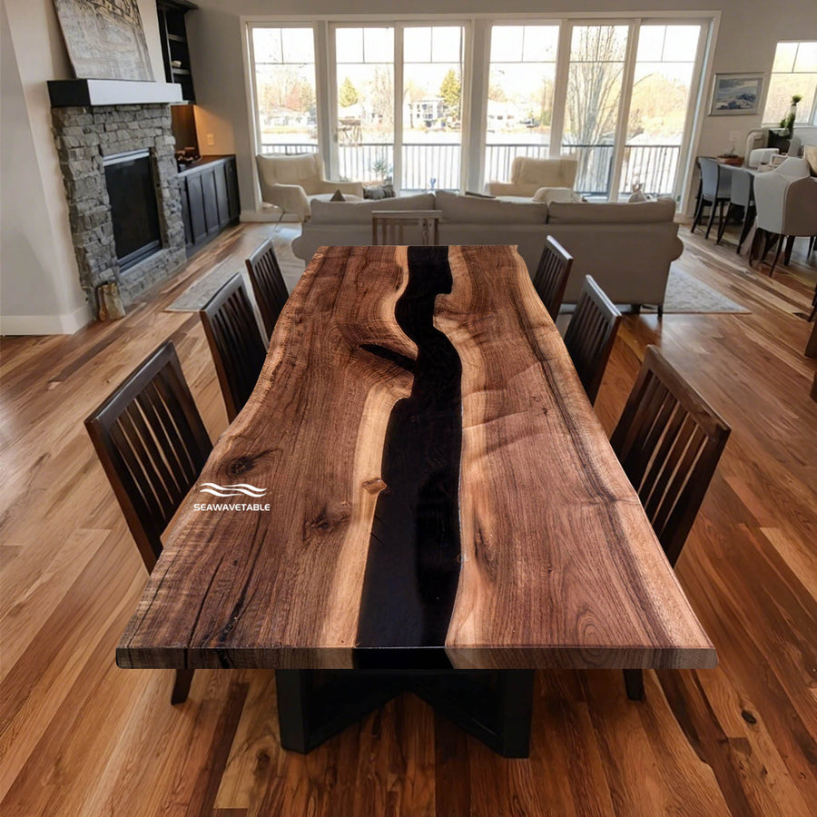 Seawavetable-live edge black walnut river table with black epoxy resin center