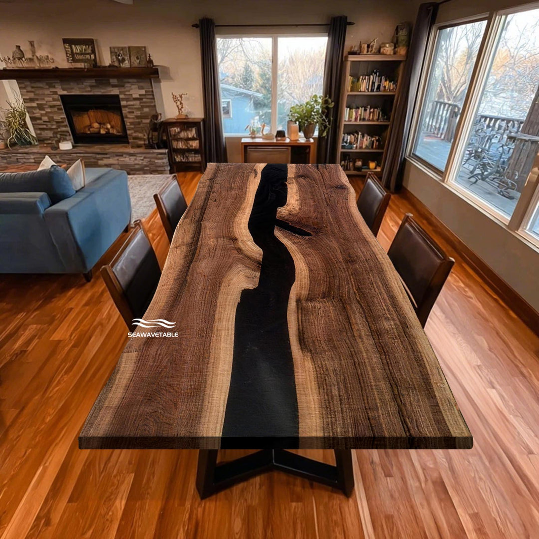 Seawavetable-solid black walnut live edge table with black resin river design
