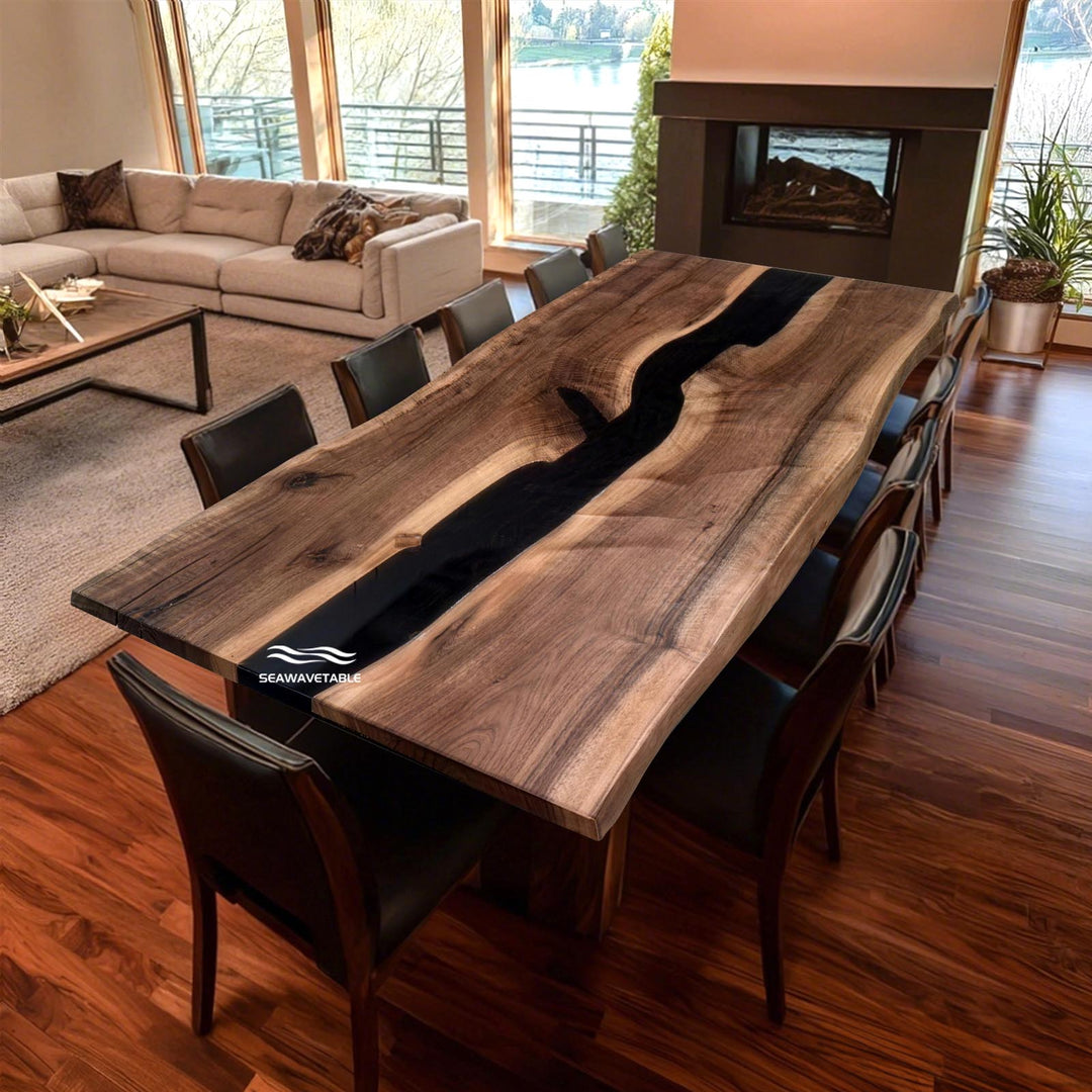Seawavetable-handcrafted black walnut epoxy river table with natural live edges