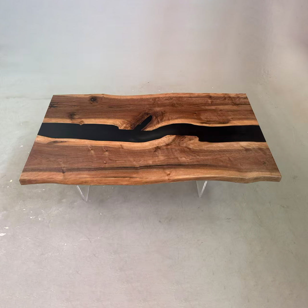 Seawavetable-modern black walnut resin river table with organic wood grain