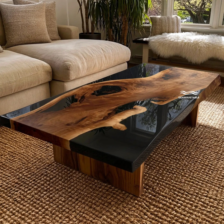 Seawavetable-Black Walnut live edge coffee table with opaque black epoxy river glossy surface