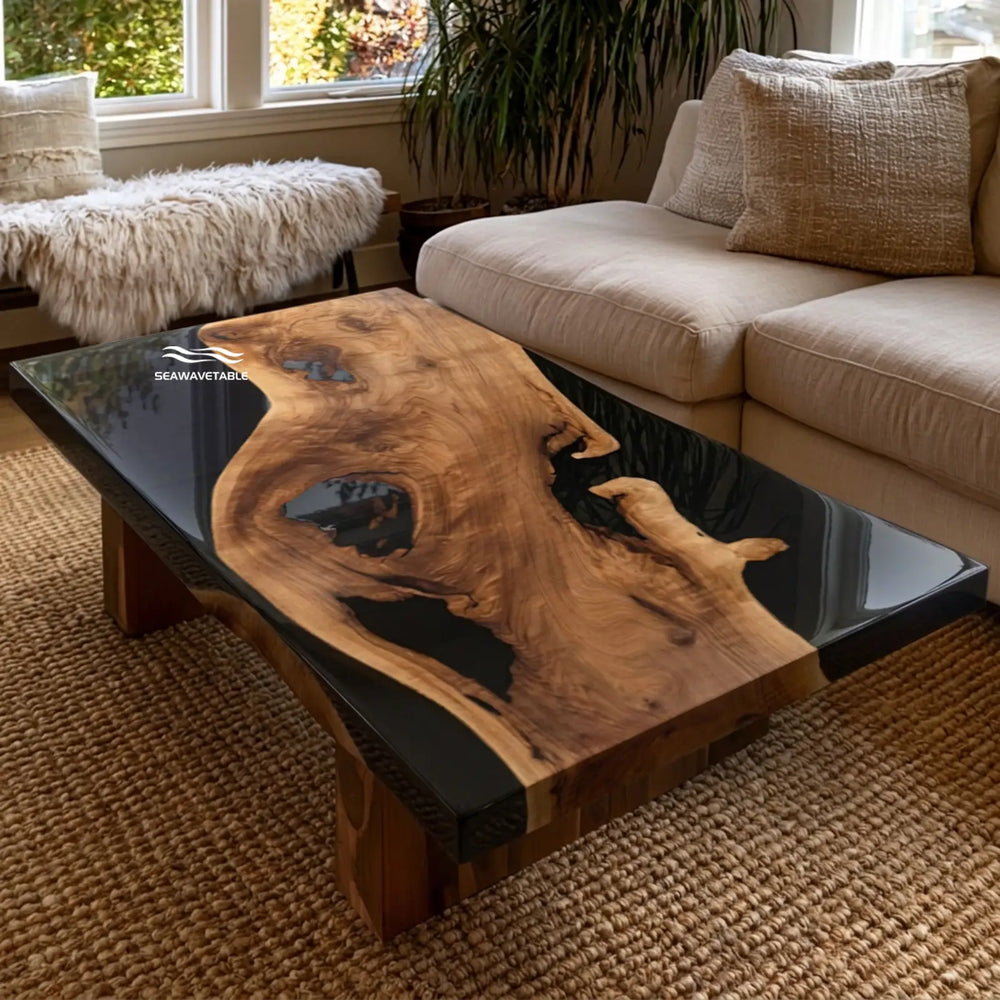 Seawavetable-Solid black walnut epoxy resin coffee table for modern living room decor