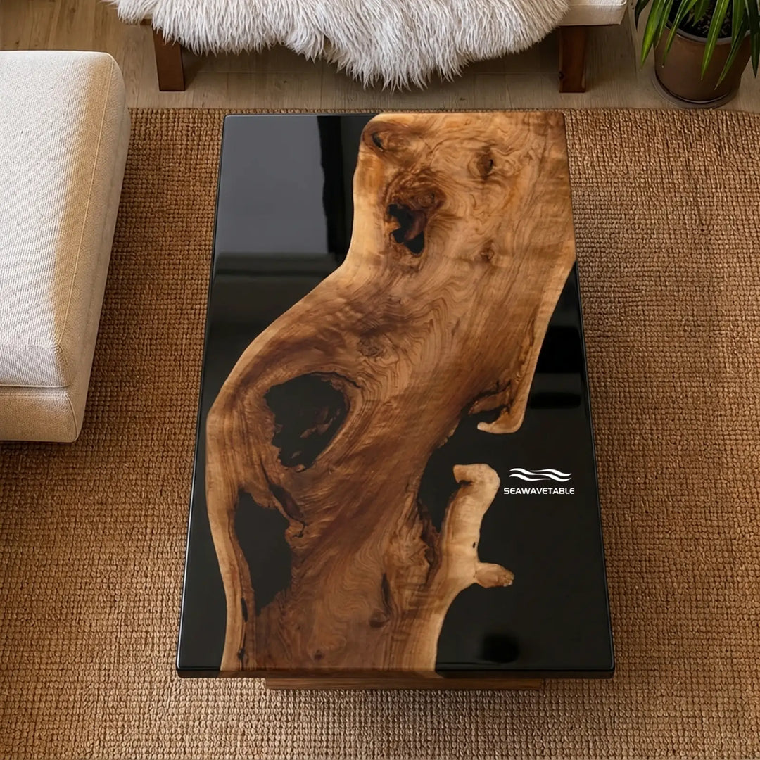 Seawavetable-Handmade live edge black walnut coffee table black resin river design