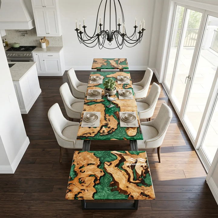 Seawavetable-Extendable cunninghamia wood dining table for family gatherings, jade green glossy epoxy river