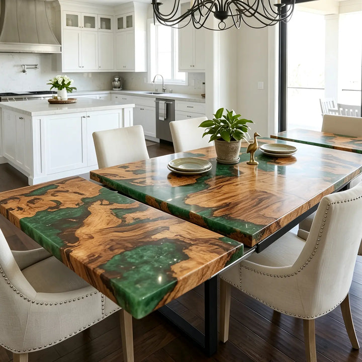 Seawavetable-Modern live edge cunninghamia wood extendable dining table, high gloss jade epoxy surface