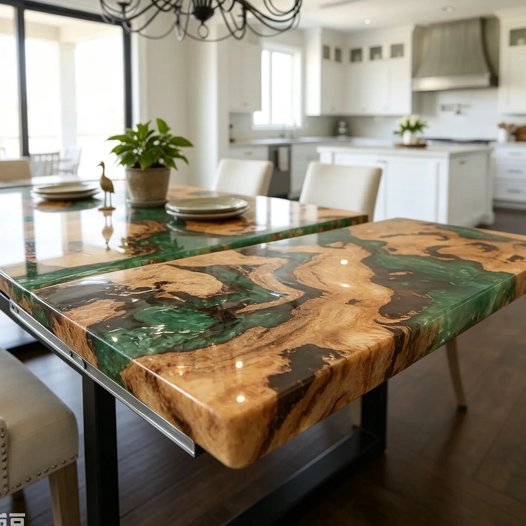 Seawavetable-Handmade epoxy dining table, live edge cunninghamia wood with fold-out extension leaves