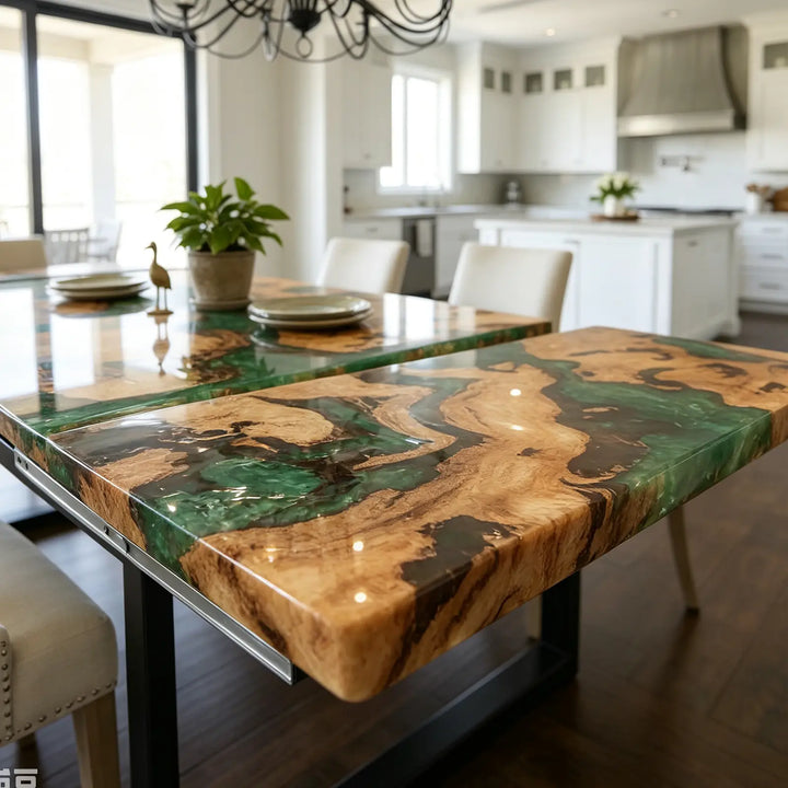 Seawavetable-Handmade epoxy dining table, live edge cunninghamia wood with fold-out extension leaves