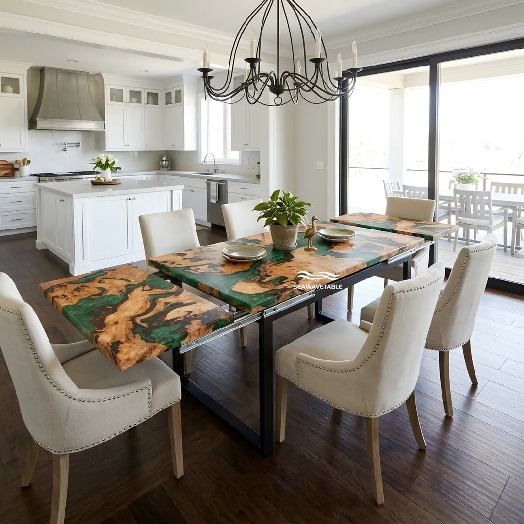 Seawavetable-Luxury extendable river table, solid cunninghamia wood with shiny jade green epoxy resin art