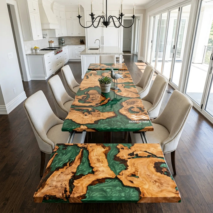 Seawavetable-Handcrafted live edge cunninghamia wood extendable dining table with glossy jade green epoxy river